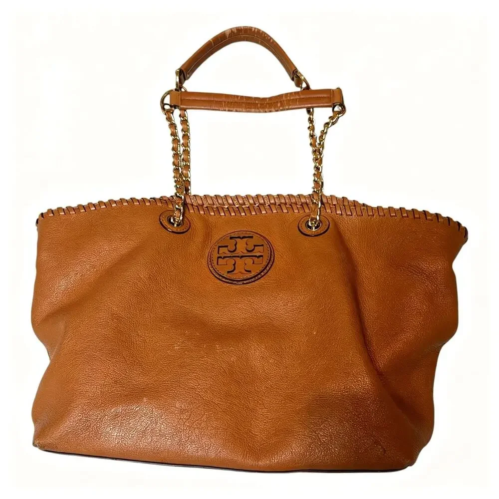 Tory Burch Brown Pebbled Leather Chain Strap Tote Bag Whipstitch Logo Purse
